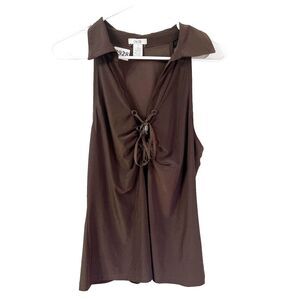 Vtg Y2K Cache Womens Mini Dress Brown Medium Collared Drawcord Ruched Sleeveless